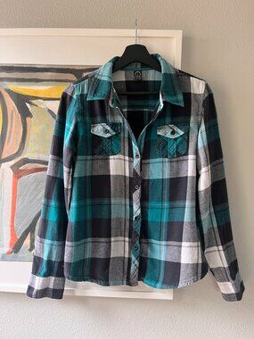 Empyre Black 100% Cotton Turquoise Plaid Long-Sleeve Button-Up Shirt L